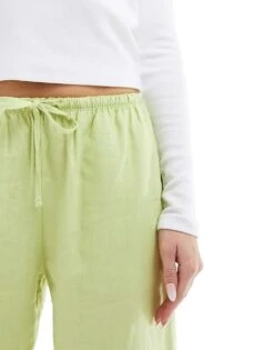 Bershka Tie Waist Wide Leg Linen Trousers In Pistachio For Women Green -Chic Maze Sales 206349632 5