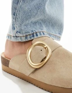 Bershka Buckle Detail Flat Mules In Sand For Women -Chic Maze Sales 206359284 4
