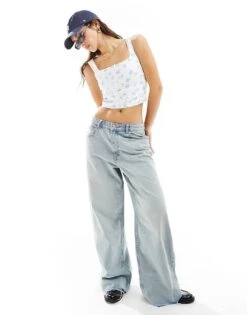 Bershka Square Neck Milkmaid Top In White With Blue Ditsy Detail For Women -Chic Maze Sales 206387853 1 blue 1