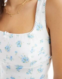 Bershka Square Neck Milkmaid Top In White With Blue Ditsy Detail For Women -Chic Maze Sales 206387853 3