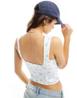 Bershka Square Neck Milkmaid Top In White With Blue Ditsy Detail For Women -Chic Maze Sales 206387853 4