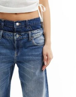 Bershka Turn Down Waistband Wide Leg Jeans In Indigo Wash For Women Blue -Chic Maze Sales 206387873 3