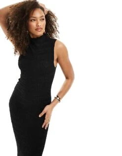 Bershka Textured Sleeveless Bodycon Maxi Dress In Black For Women -Chic Maze Sales 206388922 1 black 1