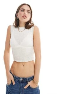 Bershka High Neck Crinkle Lettuce Edge Top In Ecru For Women Beige -Chic Maze Sales 206425868 1 beige 1