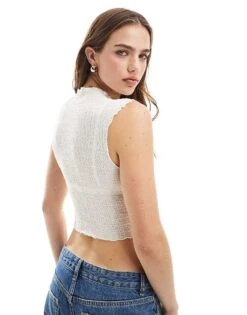 Bershka High Neck Crinkle Lettuce Edge Top In Ecru For Women Beige -Chic Maze Sales 206425868 2