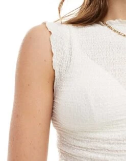 Bershka High Neck Crinkle Lettuce Edge Top In Ecru For Women Beige -Chic Maze Sales 206425868 4