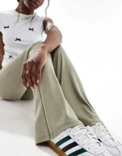 Bershka High Waisted Flared Trousers In Light Khaki For Women -Chic Maze Sales 206425937 2