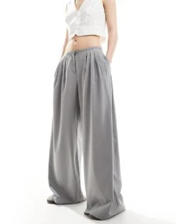 Bershka Minimal Waistband Wide Leg Tailored Trousers Co-ord In Grey For Women -Chic Maze Sales 206425963 1 grey 1
