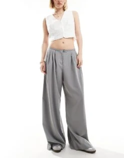 Bershka Minimal Waistband Wide Leg Tailored Trousers Co-ord In Grey For Women -Chic Maze Sales 206425963 2