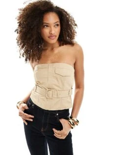 Bershka Belted Bandeau Top In Sand For Women Beige -Chic Maze Sales 206426083 1 beige 1