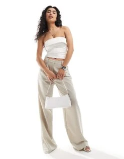 Bershka Satin Fold Over Bandeau Top In Ecru For Women -Chic Maze Sales 206426156 2