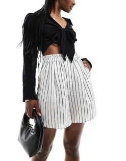 Bershka Cotton Longline Shorts In White Stripe For Women -Chic Maze Sales 206426191 1 white 1