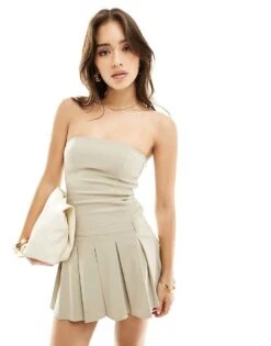 Bershka Bandeau Tailored Mini Dress In Sand For Women Neutral
