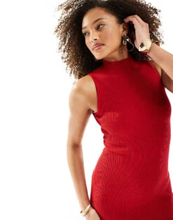 Bershka High Neck Fine Knit Mini Dress In Red For Women -Chic Maze Sales 206426432 1 red 1