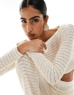 Bershka Crochet Wide Leg Trousers Co-ord In Ecru For Women Beige -Chic Maze Sales 206426466 2