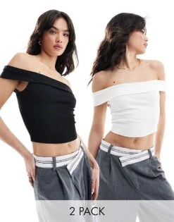Bershka Fold Over Bardot 2 Pack Top In Black & White For Women -Chic Maze Sales 206426496 1 black 1