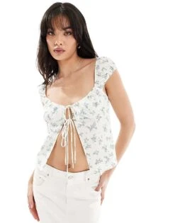 Bershka Puff Sleeve Milkmaid Cotton Top In Blue Floral For Women -Chic Maze Sales 206426526 1 blue 1