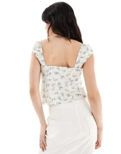 Bershka Puff Sleeve Milkmaid Cotton Top In Blue Floral For Women -Chic Maze Sales 206426526 2