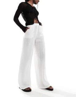 Bershka Crinkle Beach Trousers In White For Women -Chic Maze Sales 206426541 1 white 1