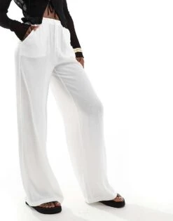 Bershka Crinkle Beach Trousers In White For Women -Chic Maze Sales 206426541 5