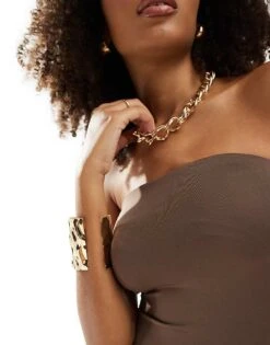 Bershka Polyamide Bandeau Maxi Dress In Light Brown For Women -Chic Maze Sales 206426548 2