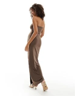 Bershka Polyamide Bandeau Maxi Dress In Light Brown For Women -Chic Maze Sales 206426548 4
