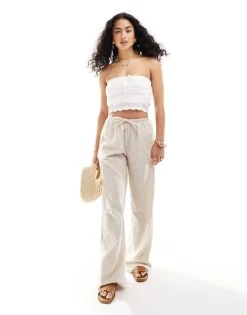 Bershka Tie Waist Wide Leg Linen Trousers In Sand For Women Beige -Chic Maze Sales 206427054 1 beige 1