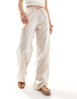 Bershka Tie Waist Wide Leg Linen Trousers In Sand For Women Beige -Chic Maze Sales 206427054 3
