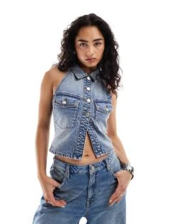 Bershka Denim Halterneck Waistcoat In Vintage Wash Blue For Women -Chic Maze Sales 206429089 1 blue 1