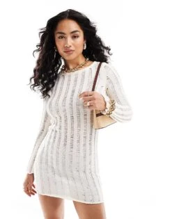 Bershka Laddered Knit Open Back Mini Dress In Ecru For Women Beige -Chic Maze Sales 206470441 1 beige 1