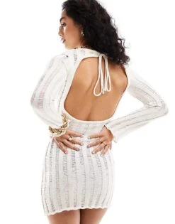 Bershka Laddered Knit Open Back Mini Dress In Ecru For Women Beige -Chic Maze Sales 206470441 3