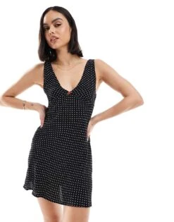 Bershka Tie Back Mini Dress In Black And White Spot For Women -Chic Maze Sales 206522744 4
