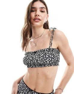 Bershka Bow Detail Strappy Top Co-ord In Black And White Floral For Women -Chic Maze Sales 206522783 1 black 1