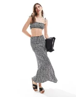 Bershka Bow Detail Strappy Top Co-ord In Black And White Floral For Women -Chic Maze Sales 206522783 2