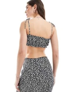 Bershka Bow Detail Strappy Top Co-ord In Black And White Floral For Women -Chic Maze Sales 206522783 3