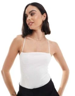 Bershka Straight Neck Crinkle Bodysuit In White For Women -Chic Maze Sales 206522784 4