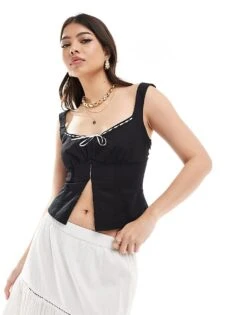 Bershka Contrast Piping Corset Top In Black And White For Women