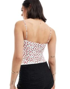Bershka Strappy Straight Neck Cami Top In Cherry Print For Women Multi -Chic Maze Sales 206522836 3