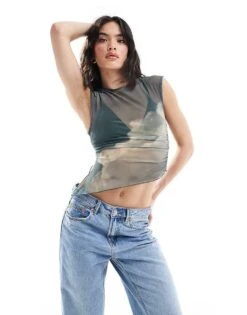 Bershka Flower Mesh T-shirt In Graphite Grey For Women -Chic Maze Sales 206522837 1 grey 1