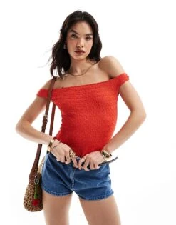 Bershka Bardot Crinkle Bodysuit In Red For Women -Chic Maze Sales 206522894 1 red 1