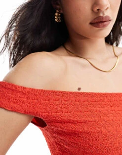 Bershka Bardot Crinkle Bodysuit In Red For Women -Chic Maze Sales 206522894 2