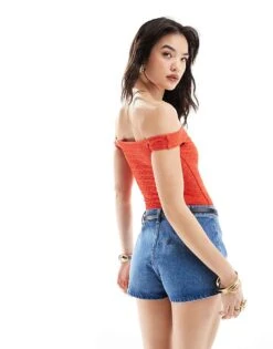 Bershka Bardot Crinkle Bodysuit In Red For Women -Chic Maze Sales 206522894 4