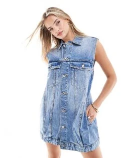Bershka Oversized Longline Denim Waistcoat In Indigo Wash For Women Blue
