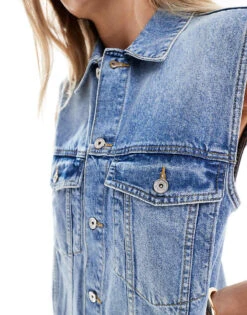 Bershka Oversized Longline Denim Waistcoat In Indigo Wash For Women Blue -Chic Maze Sales 206522895 3