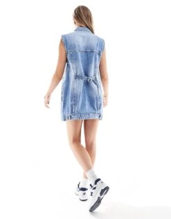 Bershka Oversized Longline Denim Waistcoat In Indigo Wash For Women Blue -Chic Maze Sales 206522895 4