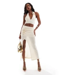 Bershka Knitted Flower Applique Halterneck Top Co-ord In Ecru For Women Neutral -Chic Maze Sales 206522927 2