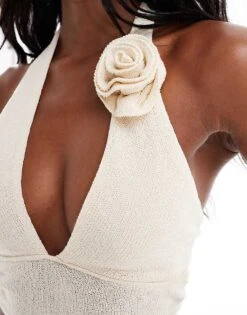 Bershka Knitted Flower Applique Halterneck Top Co-ord In Ecru For Women Neutral -Chic Maze Sales 206522927 3