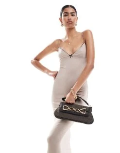 Bershka Thin Strap Bow Detail Bodycon Maxi Dress In Mink For Women Neutral -Chic Maze Sales 206522970 3