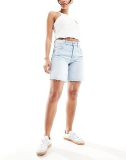Bershka High Waisted Raw Hem Longline Denim Shorts In Light Blue Wash For Women -Chic Maze Sales 206522978 1 blue 1