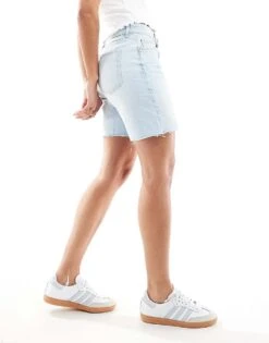 Bershka High Waisted Raw Hem Longline Denim Shorts In Light Blue Wash For Women -Chic Maze Sales 206522978 4